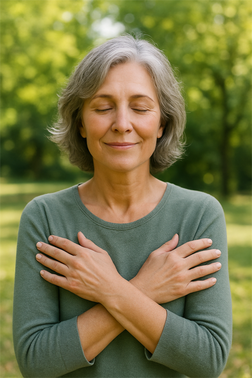 Frau mit gekreuzten Armen vor der Brust und einem entspannten Blick 